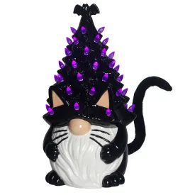 14" Light Up Ceramic Black Cat Gnome Tree