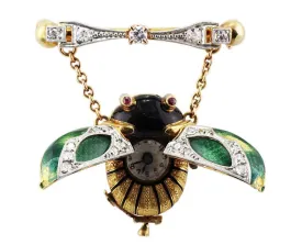 18K Yellow Gold Platinum Beetle Antique Enamel Art Nouveau Pendant Watch