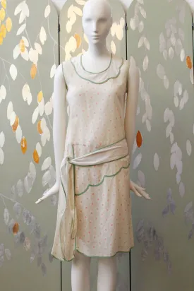 1920s Green Floral Day Dress XS, Flapper Summer Dress, Daytime Summer Dress with Fabric Belt, Wounded Bird