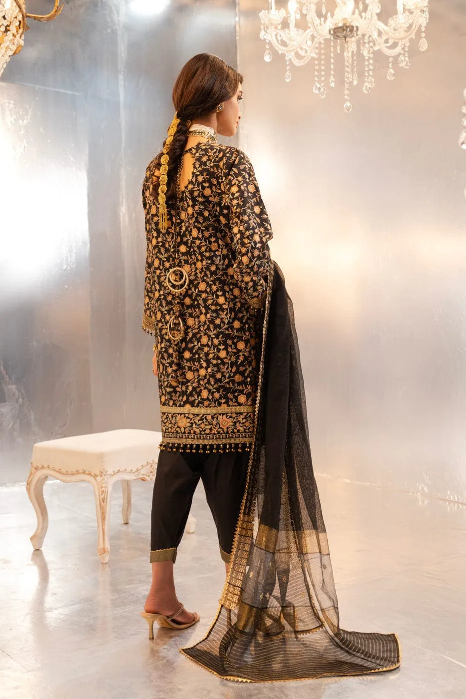 3 Pc Printed Embroidered Doria Shirt With Yarn Dyed Dupatta