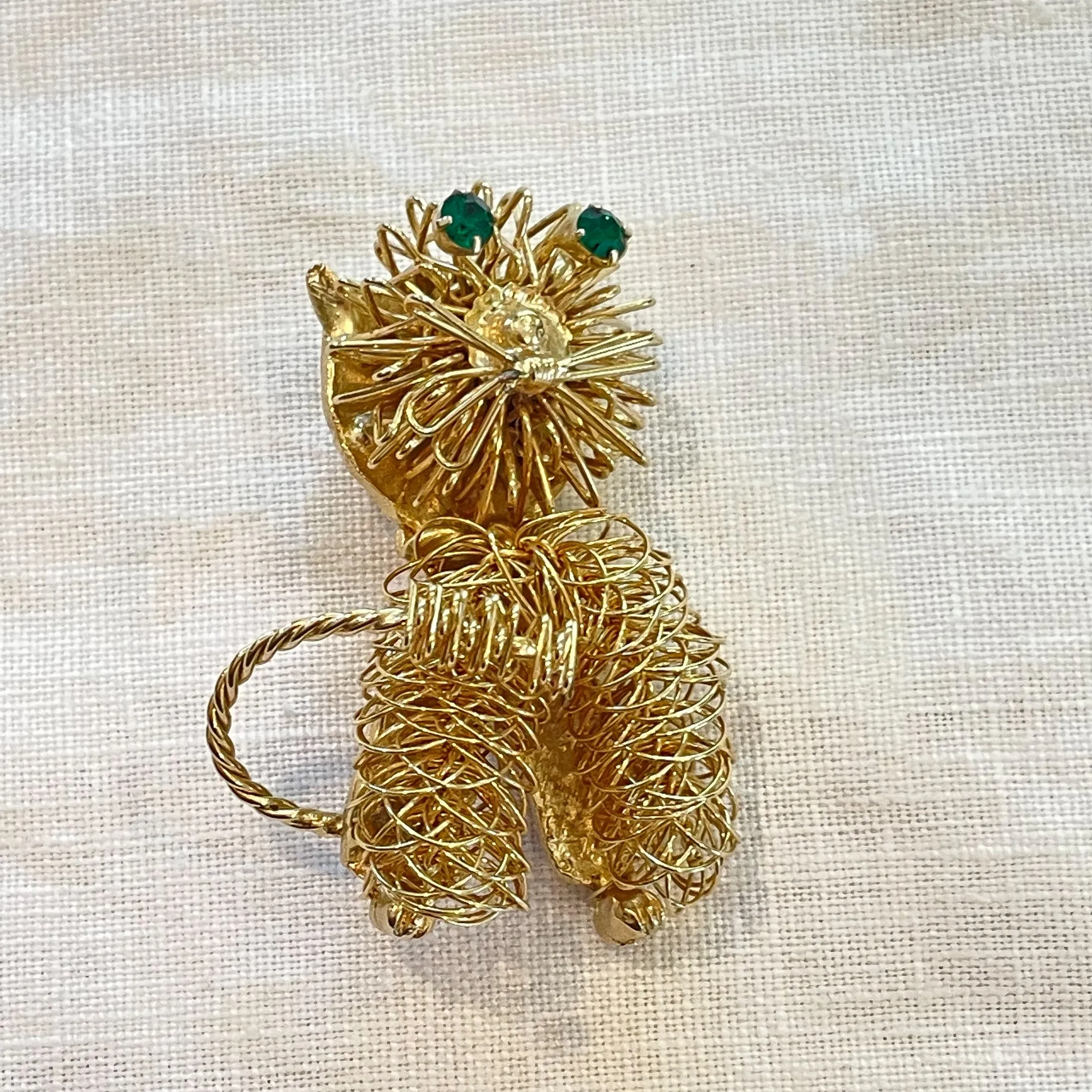 Adorable MCM Modernist Gold Tone Cat Brooch, Wire Pin Green Rhinestone Eyes