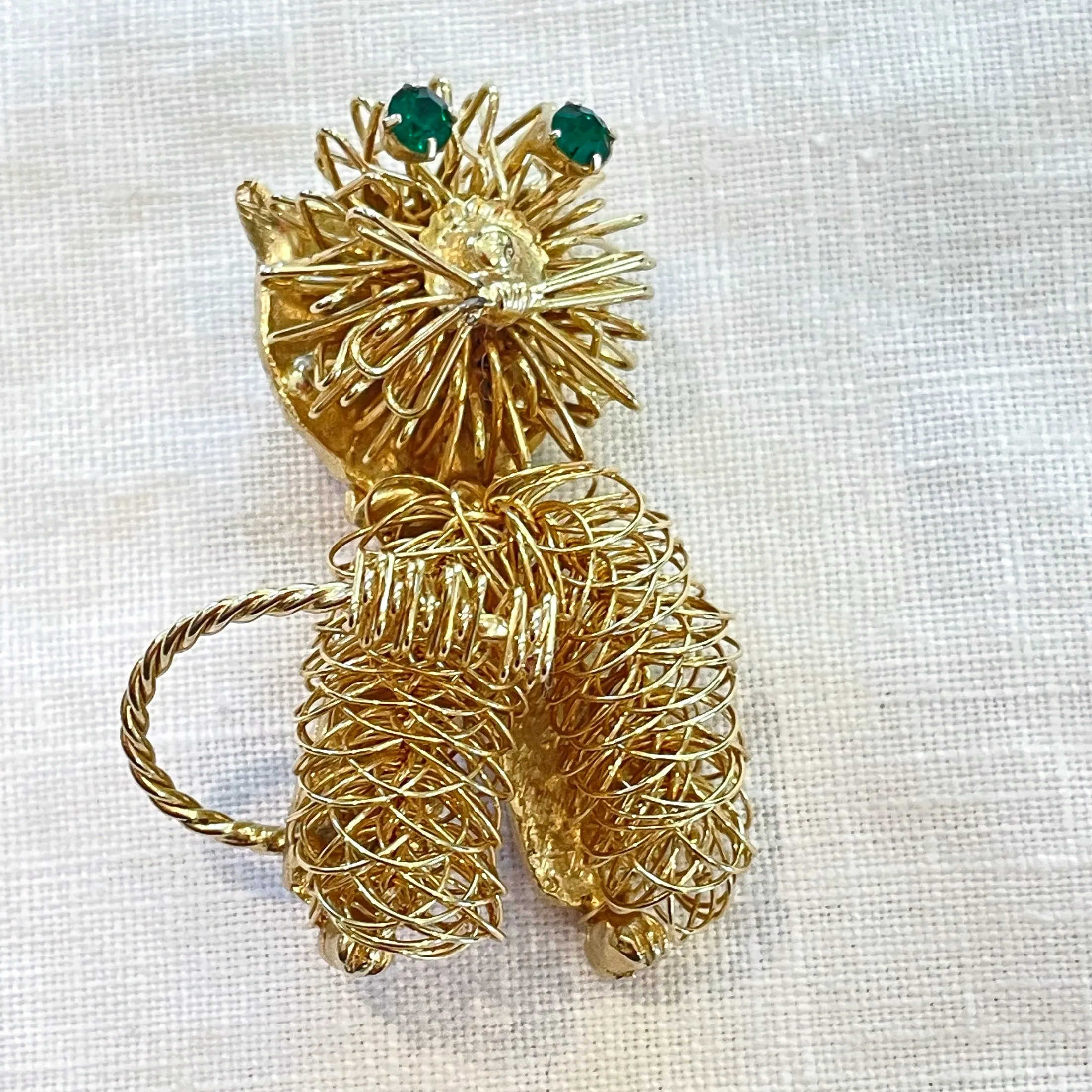 Adorable MCM Modernist Gold Tone Cat Brooch, Wire Pin Green Rhinestone Eyes