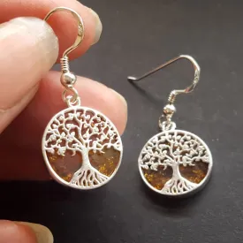 Amber Tree of Life Earrings, 13mm Tree of Life Charms, Sterling Silver