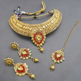 Bajrang Red AD Stone Choker Necklace Set With Maang Tikka