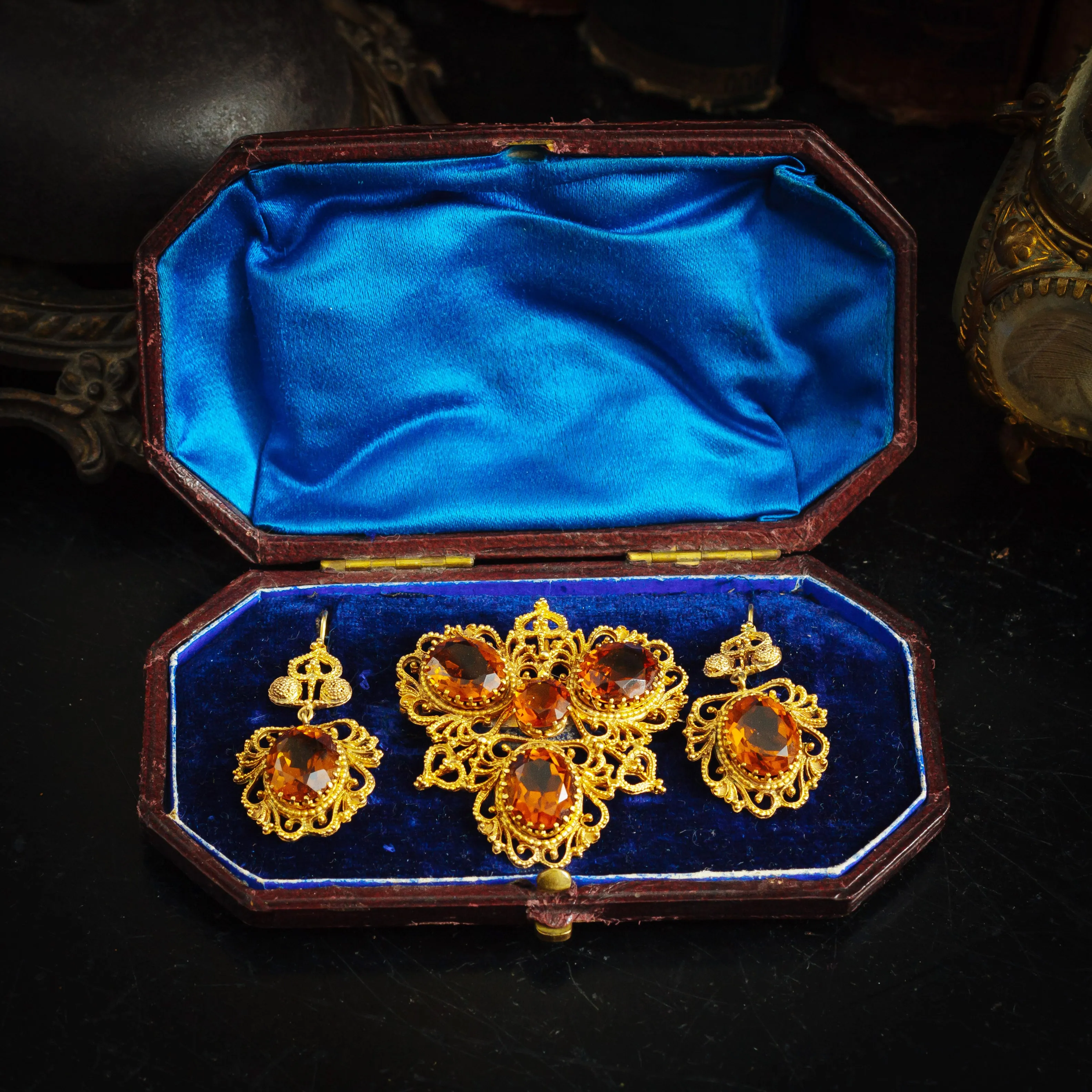 Beautiful Georgian Style Dark Cognac Citrine Earrings and Brooch/Pendant Set