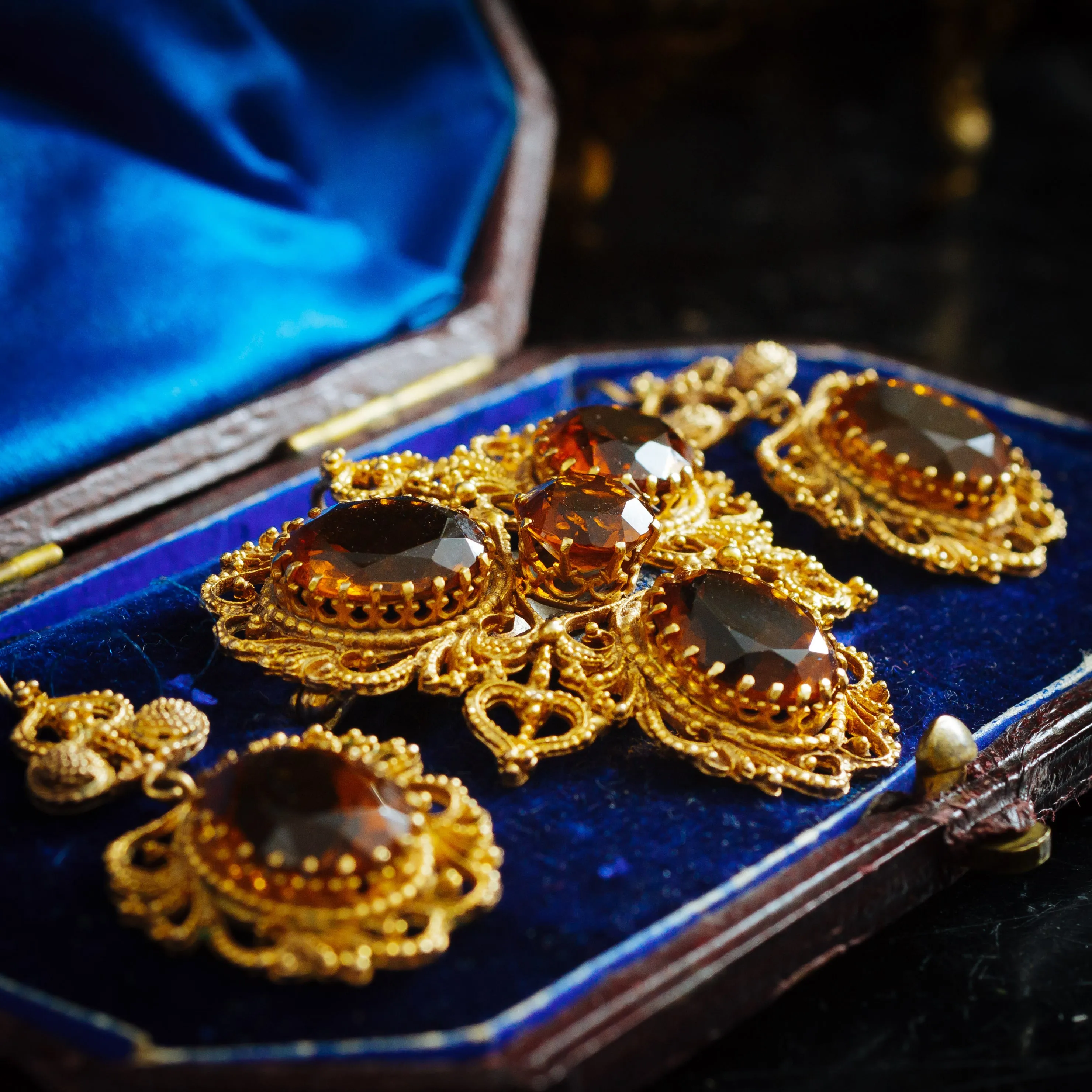 Beautiful Georgian Style Dark Cognac Citrine Earrings and Brooch/Pendant Set