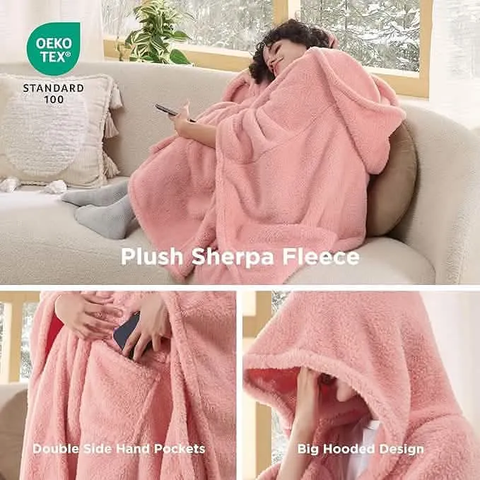 Bedsure Short Shaggy Shepa Hooded Wearable Blanket With Pockets