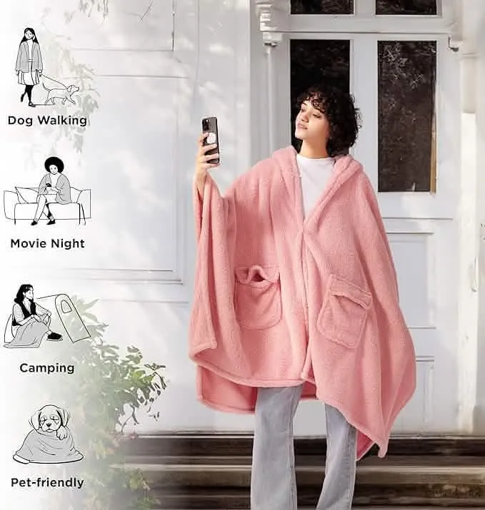 Bedsure Short Shaggy Shepa Hooded Wearable Blanket With Pockets