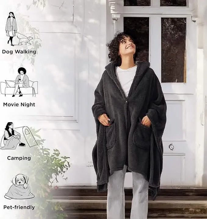 Bedsure Short Shaggy Shepa Hooded Wearable Blanket With Pockets