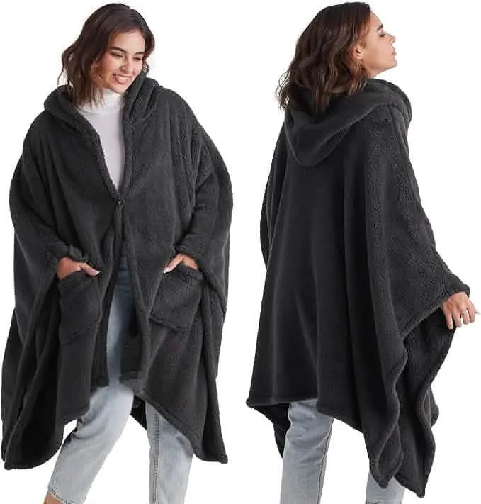 Bedsure Short Shaggy Shepa Hooded Wearable Blanket With Pockets