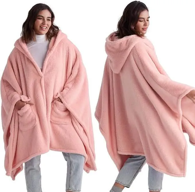 Bedsure Short Shaggy Shepa Hooded Wearable Blanket With Pockets