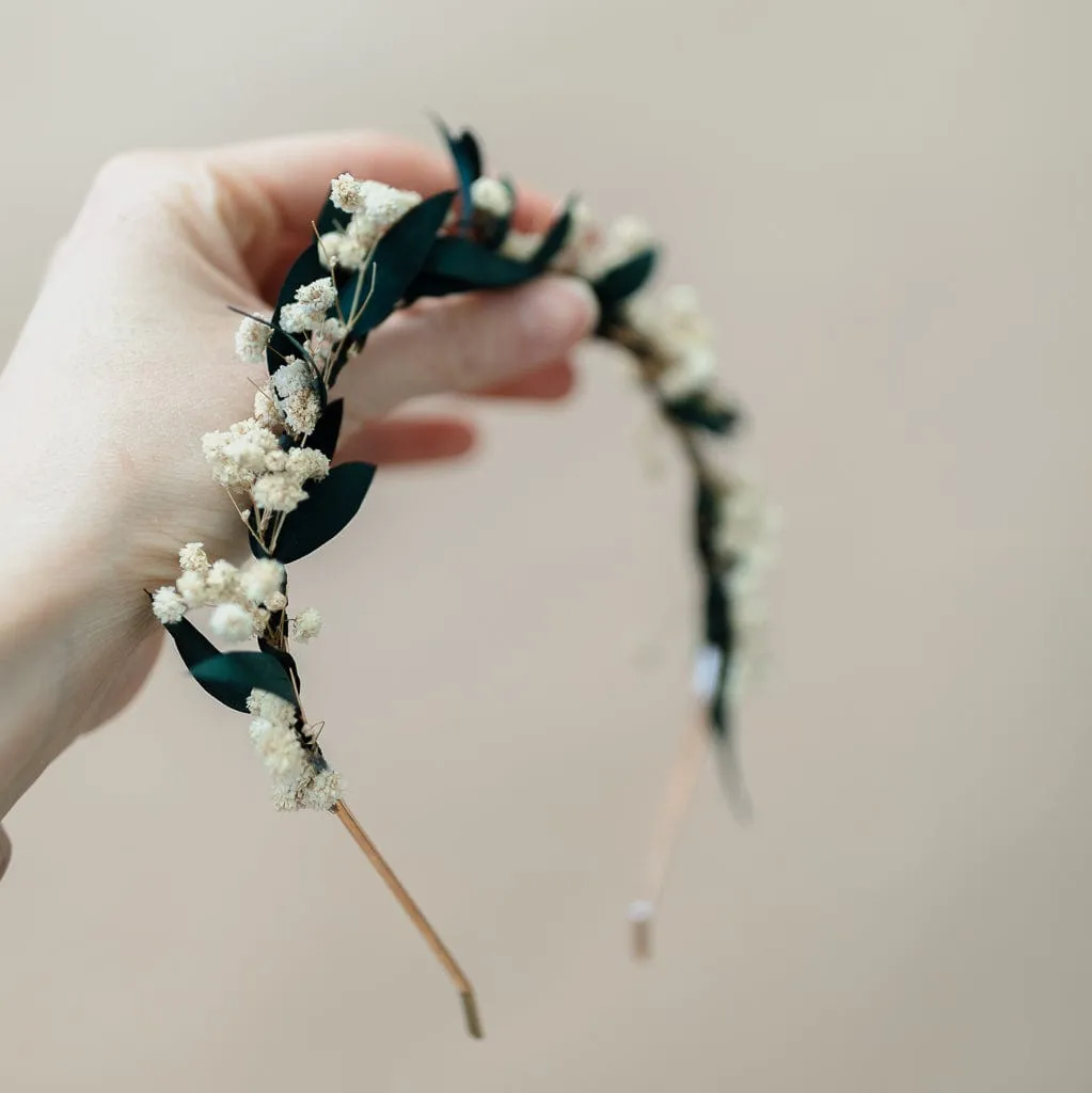 Dried Flowers Headband Bridal Crown - Eucalyptus Green & White