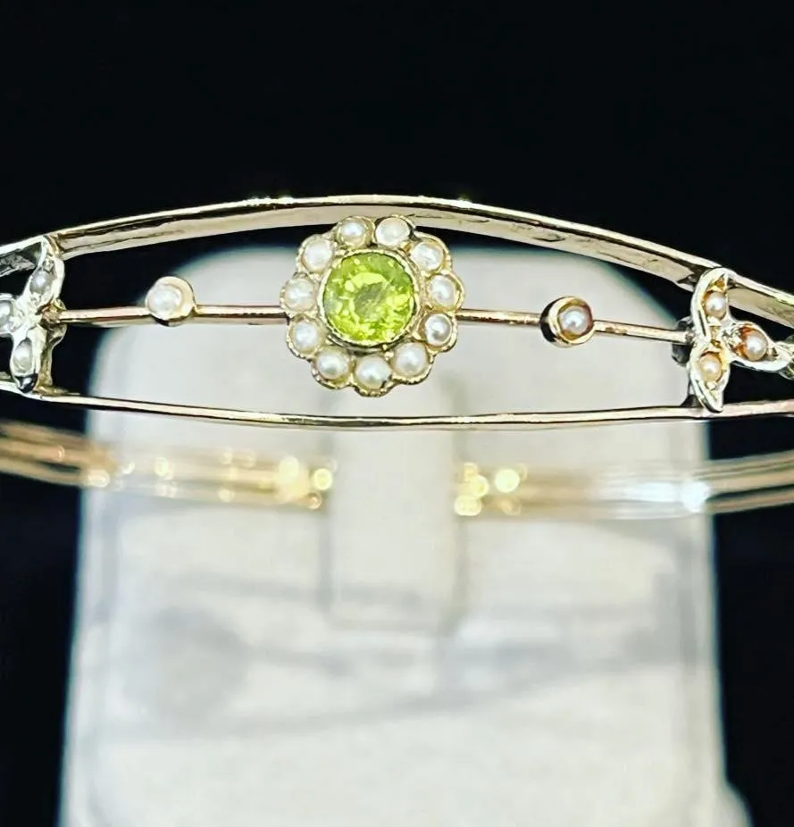 Edwardian Peridot & Pearl Floral Cluster Bangle