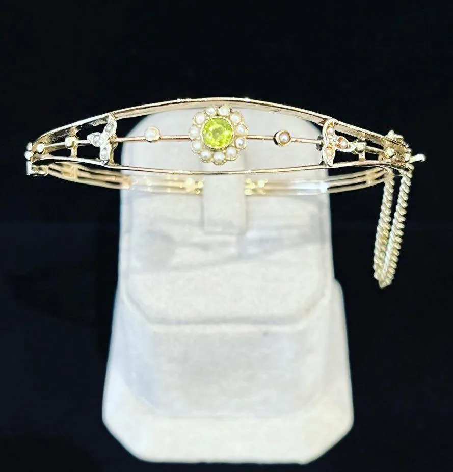 Edwardian Peridot & Pearl Floral Cluster Bangle