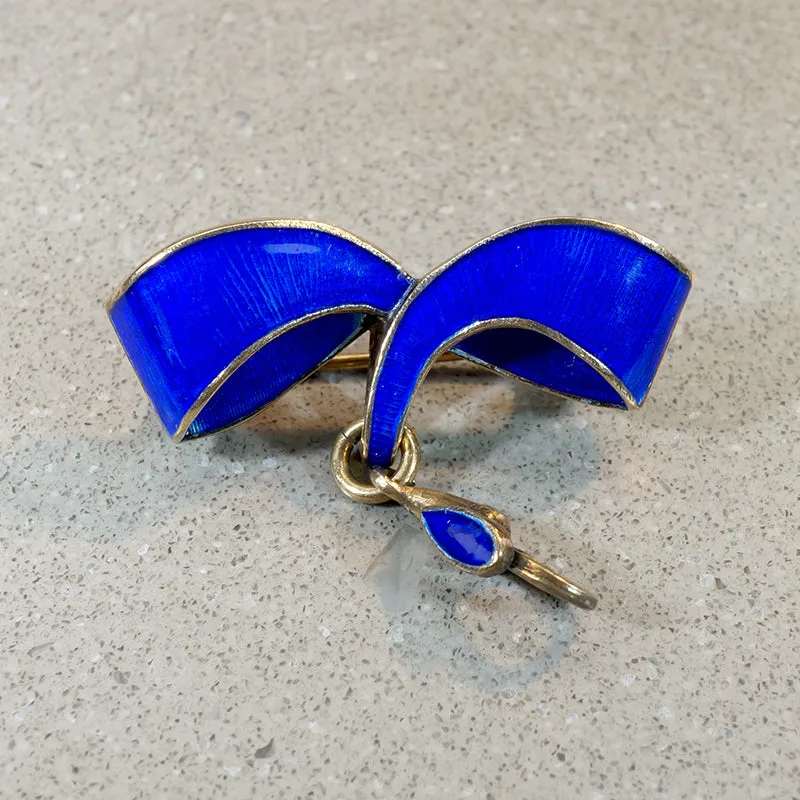 Gallant Blue Enameled Silver Gilt Ribbon Brooch with Hook