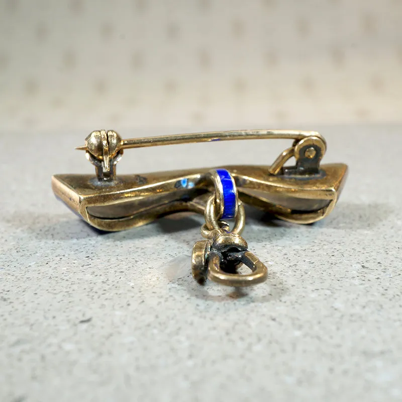 Gallant Blue Enameled Silver Gilt Ribbon Brooch with Hook