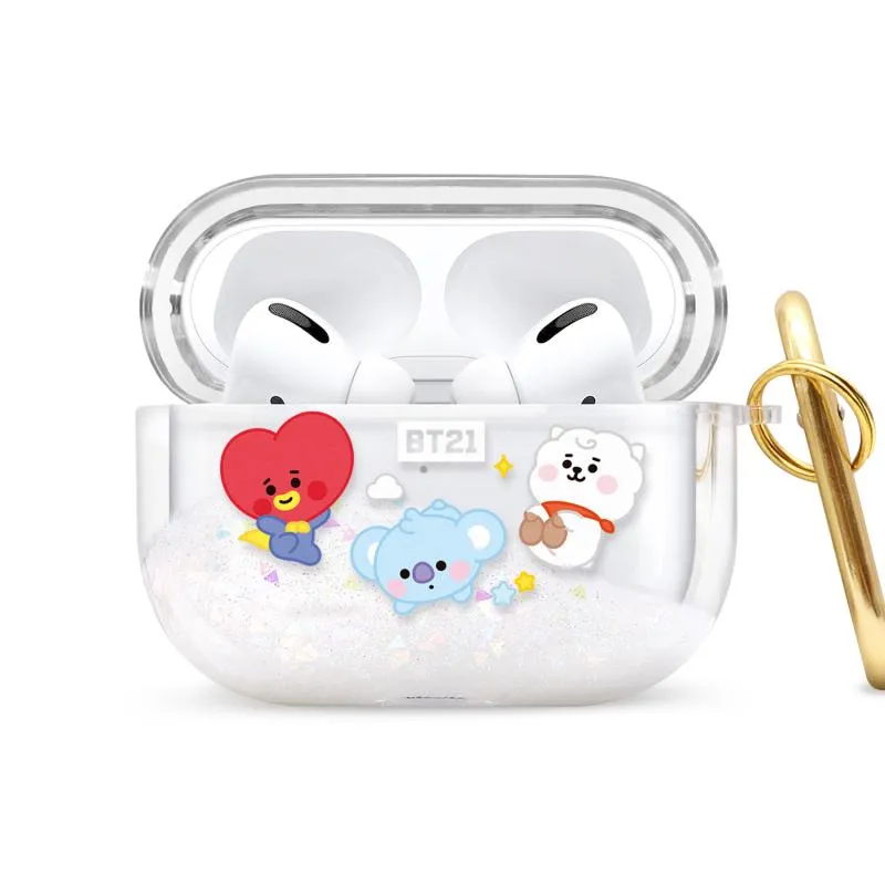 GARMMA BT21 Glitter Quicksand Apple AirPods Case Cover with Carabiner Clip