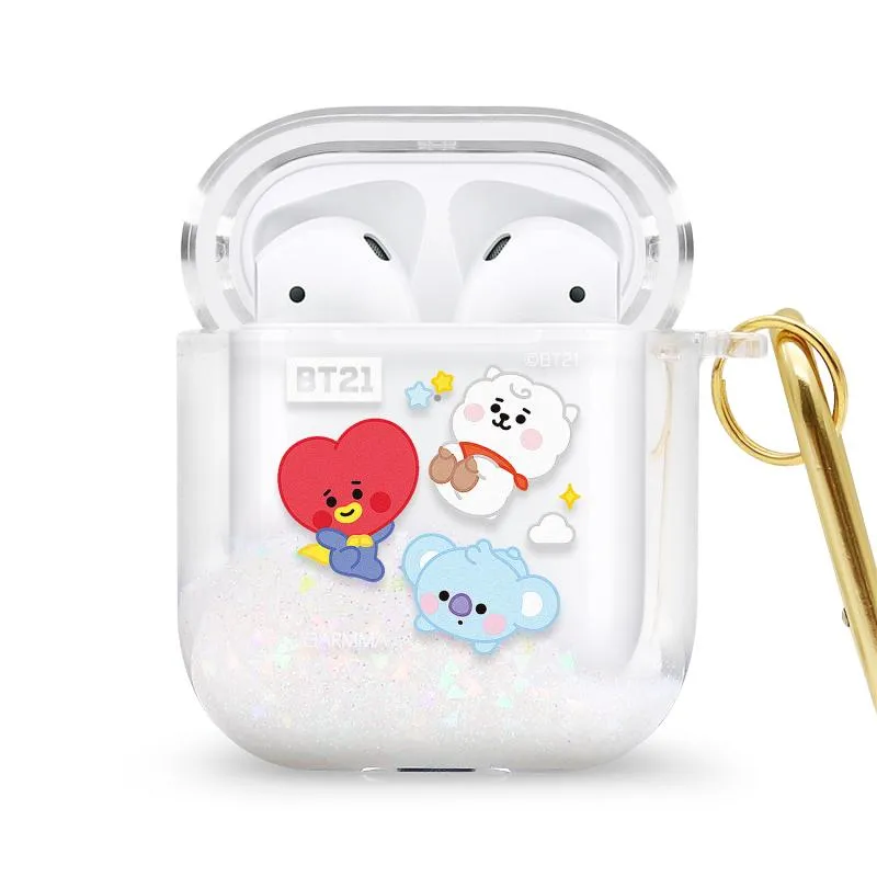 GARMMA BT21 Glitter Quicksand Apple AirPods Case Cover with Carabiner Clip