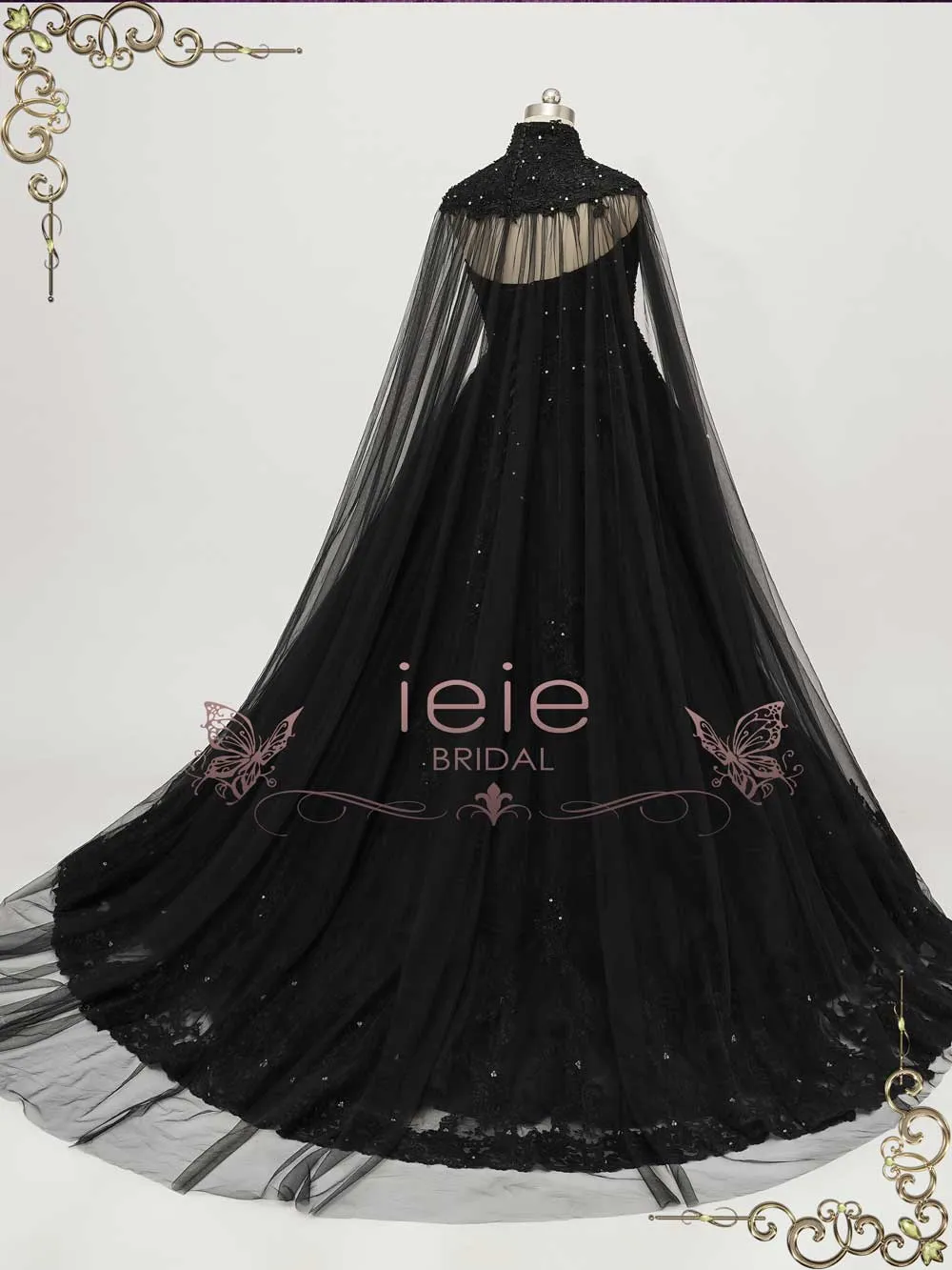 Gothic Black Lace Ball Gown Wedding Dress with Cape CLARINDA