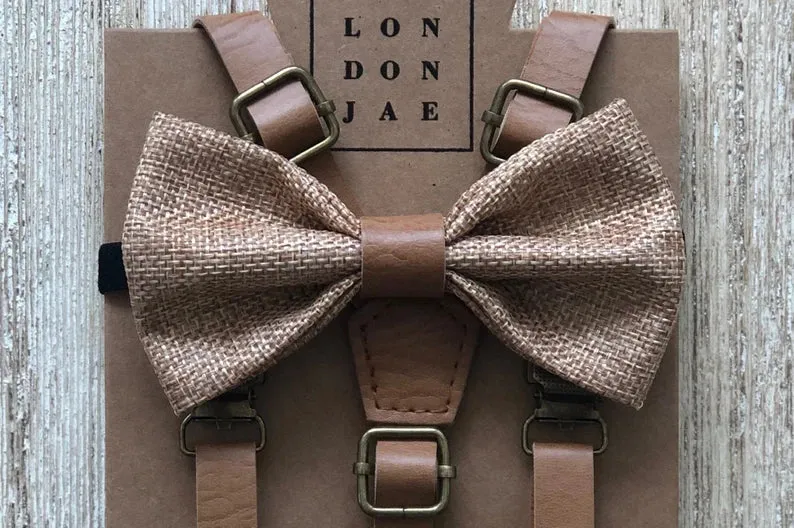 Honey Bow Tie with Vintage Tan Suspender Set