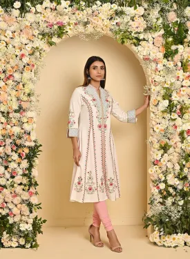 Ivory Long Kurta with All-over work and Mandarin Collar