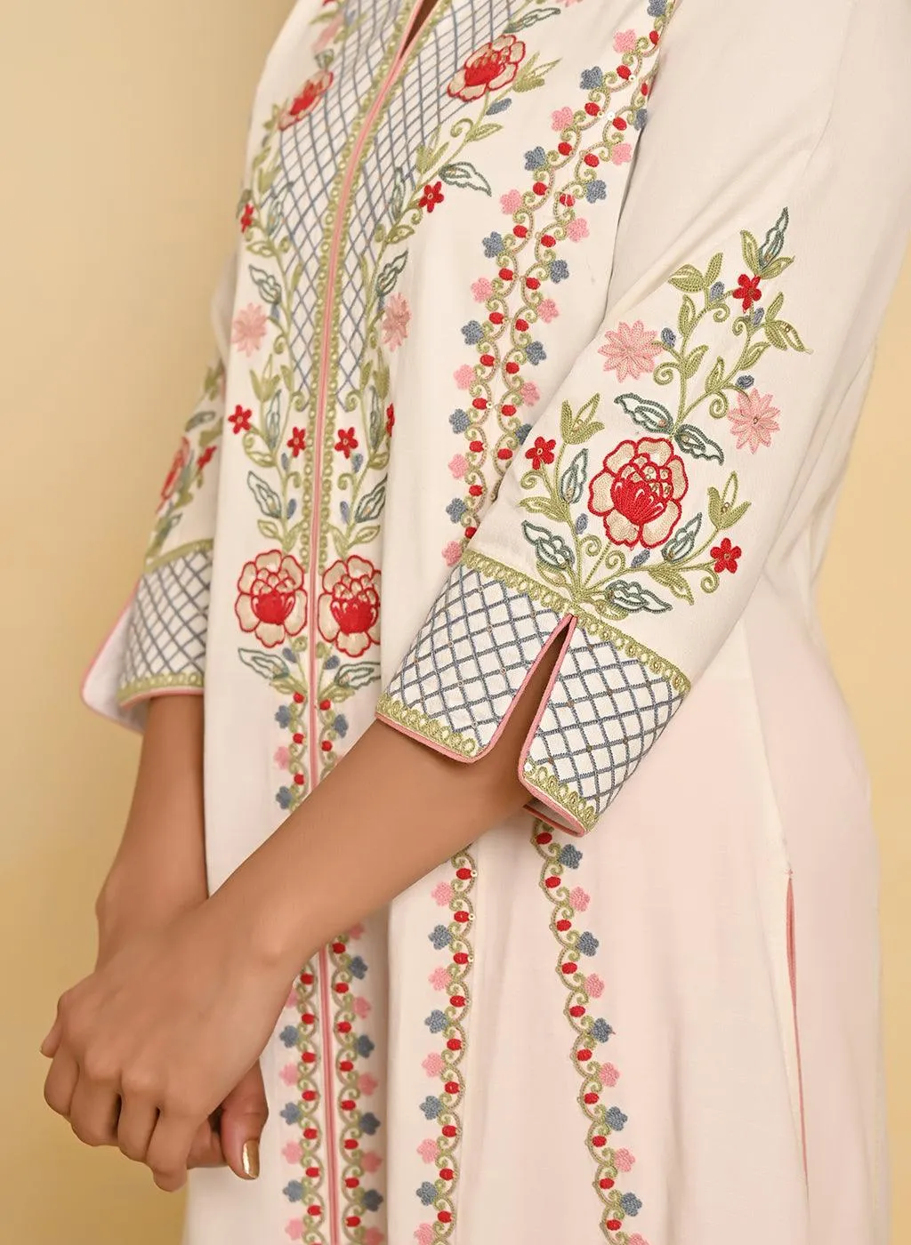 Ivory Long Kurta with All-over work and Mandarin Collar