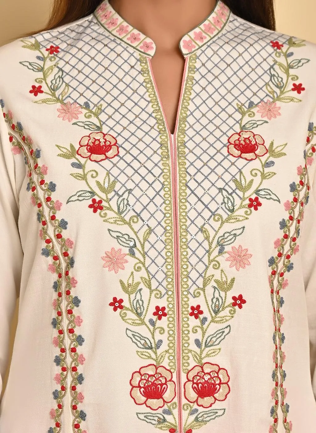 Ivory Long Kurta with All-over work and Mandarin Collar