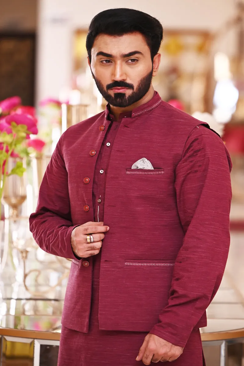 Mens Premium Slub Maroon Waistcoat - Elegant and Stylish