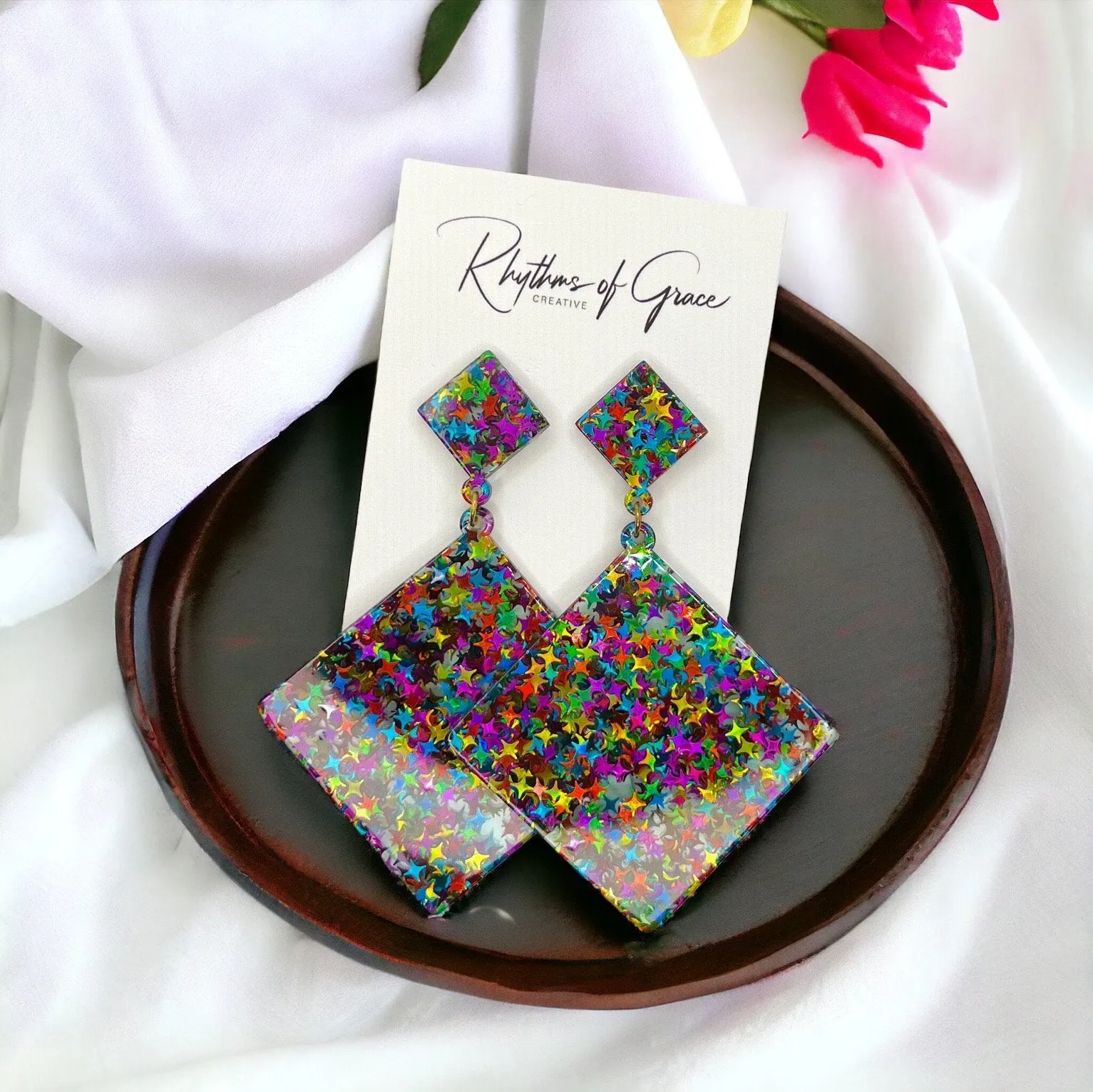 Oversized Earrings - Glitter Earrings, Valentine’s Day Earrings, Black Earrings, Glitter Accessories, Happy Valentine’s Day, Star Earrings