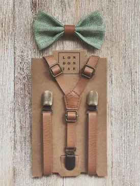 Sage Green Bow Tie with Brown Faux Leather Center and Vintage Tan Suspenders Set