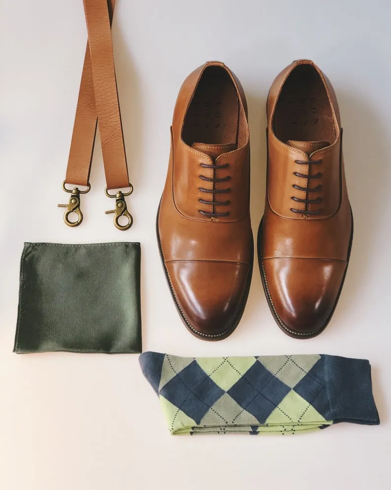 Sage Green Bow Tie with Brown Faux Leather Center and Vintage Tan Suspenders Set