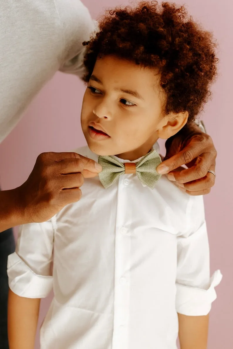 Sage Green Bow Tie with Brown Faux Leather Center and Vintage Tan Suspenders Set