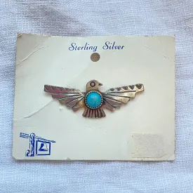 SOLD Bell Trading Vintage Sterling Silver Turquoise Thunderbird Brooch, Unworn Original Card